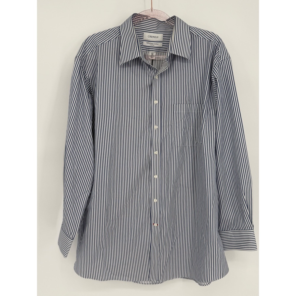 CREMIEUX Mens Blue White Striped Street Wear Shirt w UMaine Patches Sz 17 1/2 34
